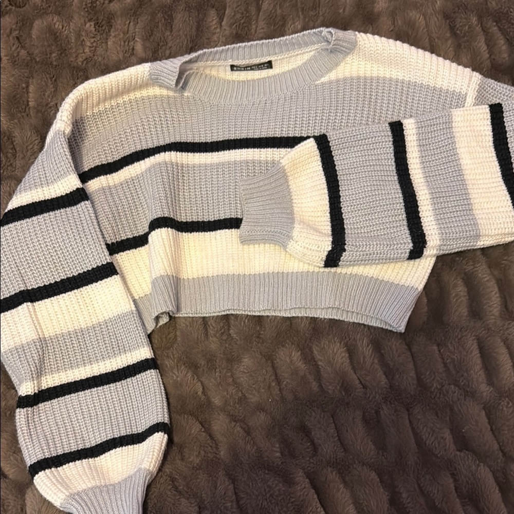 SHEIN Gray and Black Crew Neck Striped Sweater